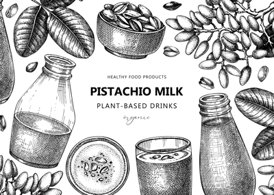 Vegetarian food background. Pistachio milk. Dairy products banner design. Print template with plant milk in glass, bottle, pistachio sketches. Healthy drink, nut milk vector illustration for packaging